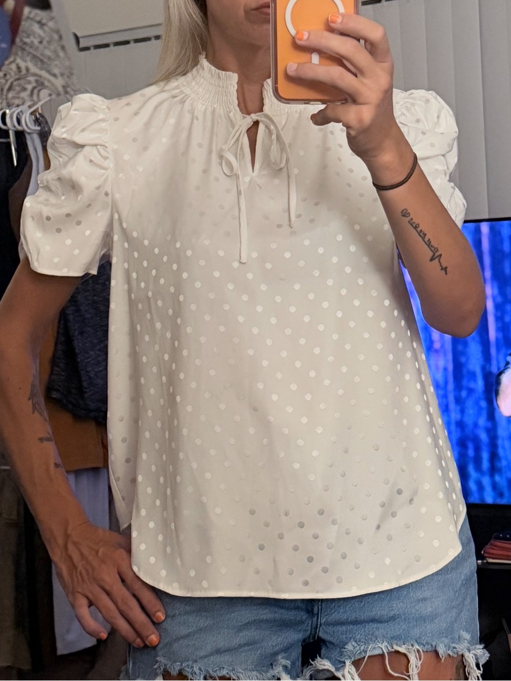 Chenault Ivory Dot Tie-Neck Puff Sleeve Blouse